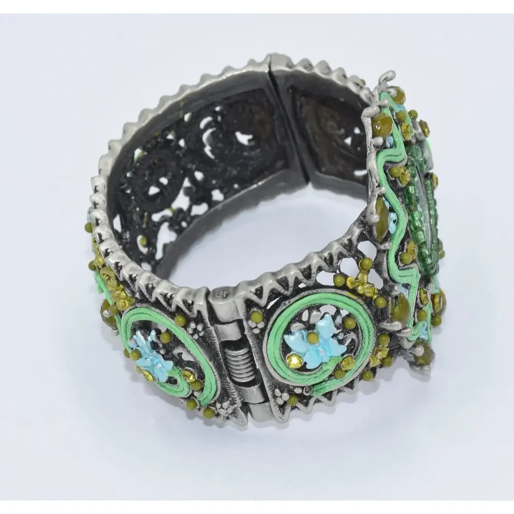 Geneva Couture Ribbon Soutache & Crystal Ornate Quartz Cuff Watch NEW BATTERY